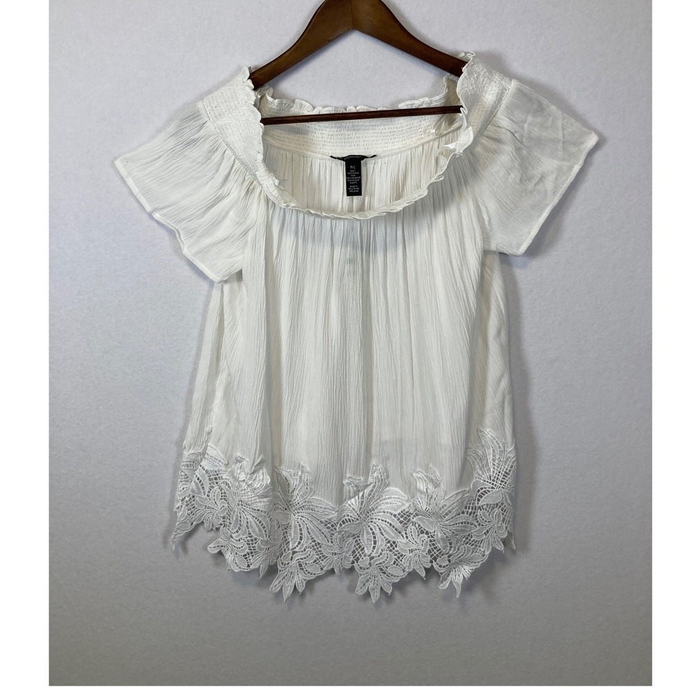 INC International Concepts White Lace Hem Off Shoulder Blouse‎ Petite Large NWT
